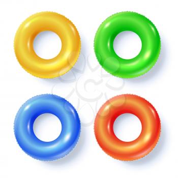 Set of swimming rings isolated on white, top view. Colored inflatable circles for swimming, flat lay. Vector icons, template for your summertime design, cover, posters.