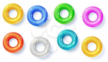 Swimming rings isolated on white, top view. Colored inflatable circles for swimming in flat lay position. Set of vector icons, template for your summertime design, cover, posters, 3D illustration.