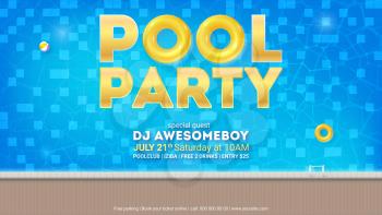 Summer party in pool. Invitation for event with design of text. Top view on swimming pool with floating inflatable ball and swimming rings. Vector template for leaflets, banners, magazines