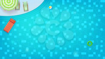 Swimming pool top view. Sunbed, umbrella, ring, beach ball floating in water. Summer concert for travel events. Waves flowing with ripple, flat lay. Vector background for cover, poster, banner.
