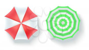 Set of multi colored beach umbrellas, top view. Icons of open parasols isolated on white background. Vector 3D illustration of summer holidays objects on sunny beach, flat lay