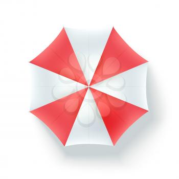 Color beach umbrella, top view. Icon of open parasol isolated on white background. Vector 3D illustration of summer holidays on sunny beach, flat lay