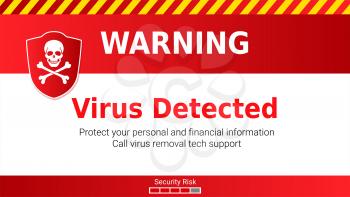Warning of Malware attack, virus detected. Skull and crossed bones on red shield. Message requiring your attention, concept of interface cyber security. Vector illustration