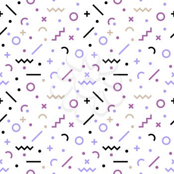 Abstract, seamless, flat, geometric pattern. Fashion of Hipsters, Memphis style. Retro 80s or 90s style for fabric print, paper print and website backdrop, vector illustration.