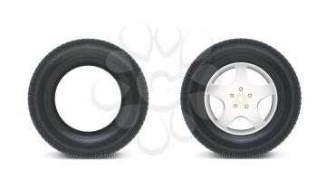 Icons of Car parts for garage, auto services. Set of automobile tires isolated on a white background, various parts. Car wheels with disks. 3D illustration