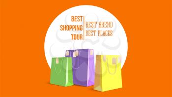 Best shopping tour, horizontal poster with paper bags and label from new purchased items on orange backdrop. Template with yellow, green and violet paper bags for shopping. Vector 3D illustration