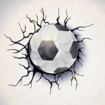 Football ball on the background of a broken-down wall with cracked plaster. Soccer ball damaged the wall with texture, 3D illustration. Poster for sport events, tournament, championships