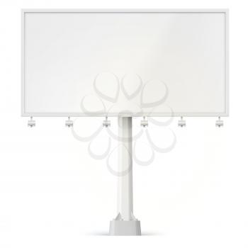 Blank billboard, front view with lamps and the support bolted to the base. 3D illustration isolated on white background ready to use in commercial advertisement