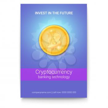 Poster with advertisement of virtual currency Bitcoin. Icon of money, golden digital coin. Design of banner with technology crypto currency. Ready for print on cover, leaflets, using in presentations