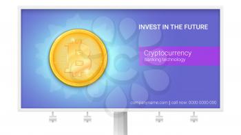 Billboard with advertisement of virtual currency Bitcoin. Icon of golden digital coin. Design of banner with technology crypto currency for print on leaflets, using in presentations. 3D illustration.