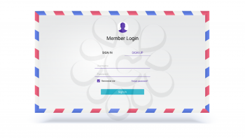 Account authorization, interface for entrance via login, password. Security application UI design on background of envelope. UX Screen of members login page for mobile apps and web sites