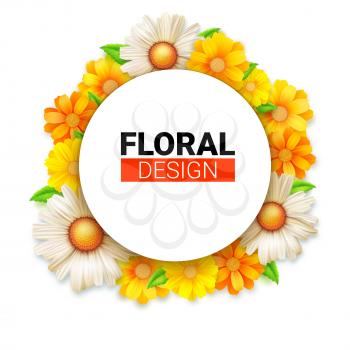 Flower wreath of spring wildflowers. Floral vector background, isolated on white backdrop. Summer background for congratulations, invitations, posters and events of travel agencies, 3D illustration.