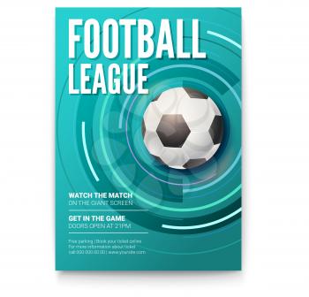 Poster of tournament football league. Soccer ball on graphics background. Design of banner for sport events. Template of advertising for championship of football or soccer, 3D illustration.