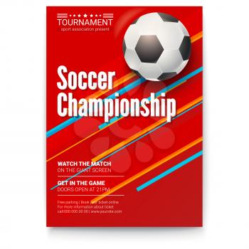 Soccer ball on graphics background. Poster of tournament football league. Design of banner for sport events. Template of advertising for championship of soccer or football, 3D illustration.