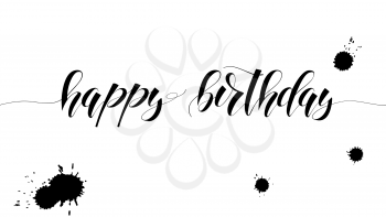 Happy Birthday handwritten text with lettering design. Poster with hand-drawn calligraphy doodle and drops of ink. Congratulation in sketch style for the birthday for prints, posters, invitations
