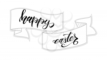 Happy Easter greeting card template. Handwritten calligraphy and sketchy hand drawn banner. Hand drawing doodle. Festive brush pen lettering. Easter greeting with traditional ribbon