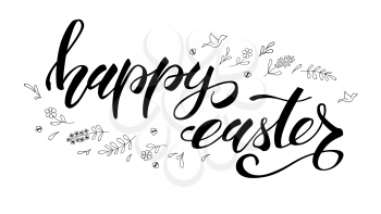 Happy Easter greeting. Template with black and white handwritten calligraphy and sketchy hand drawn art. Hand drawing doodle. Festive brush pen lettering. Easter greeting with traditional decorations