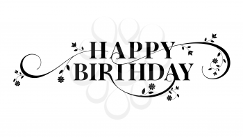 Happy birthday lettering text design. Floral decorative style of calligraphy, birthday card. Hand drawn invitation, T-shirt print design. Vector brush lettering isolated on white background.