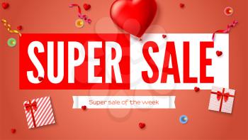 Sales poster with text design and holiday gifts. Gift boxes, big red heart, burning candle and serpentine. Super sales of the week discount. Advertising poster for shopping events, 3D illustration
