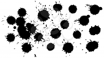 Set of watercolor black ink drops. Expanding of drops spreading on isolated white background. Grunge drops texture. Spray paint shape. Vector abstract splash and stains.