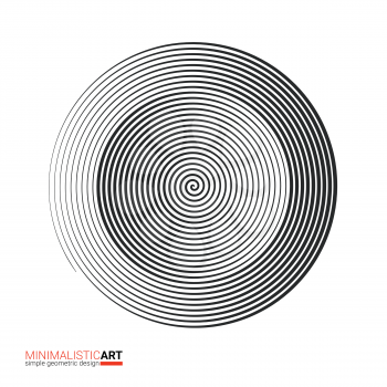 Modern geometric design, minimalistic art. Simple black and white shape in bauhaus style. Halftone concentric spiral shape isolated on white background, vector illustration.