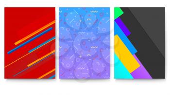 Set of covers with geometric colored shapes. Modern background with abstract patterns with different shapes for banners brochure, layout, 3D illustration. Vector template of poster.