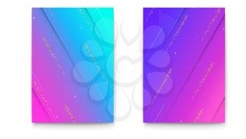 Set of covers with geometric colored shapes and glitter strips. Background with abstract pattern, shapes for banners brochure, layout, 3D illustration. Vector template of poster
