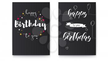 Set of Happy birthday floral posters with lettering design. Birthday greetings with spring, summer flowers and hand written doodles. Decorative style of calligraphy. Hand drawn vector 3D illustration