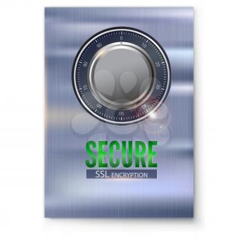 Information poster with secure SSL connection. Concept security of information and data protected. Safe lock on metal surface. Safe data encryption technology, https certificate privacy sign.