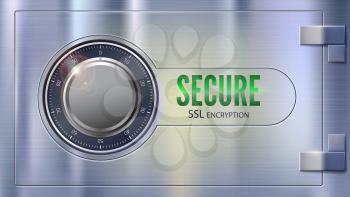 Secure SSL connection. Concept security of information and data protected. Metal door, safe lock on metallic surface. Safe data encryption technology, https certificate privacy sign, 3D illustration.