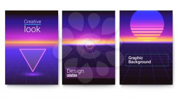Set of retro futuristic covers. Abstract digital landscape in a cyber world. Sci Fi background for banner, brochure, layout, 3D illustration. Vector template of poster.