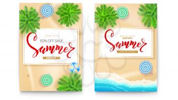 Set of summer sale posters for touristic events, travel agency actions. Summer sale banner with fifty percent discount. Tropical landscape, beach seashore ocean, sun umbrella, palms, top view.