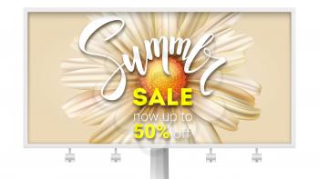 Billboard with summer sale banner with handwritten text. Get up to fifty percent discount. Brush pen lettering and open flower Bud close-up. Template for events of sales, travel agency actions.