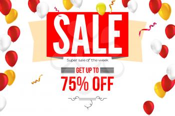 Horizontal sales banner with flying inflatable balloons and text design, 3D illustration. Get up to seventy five percent discount. Ad poster for shopping or marketing events isolated on white.