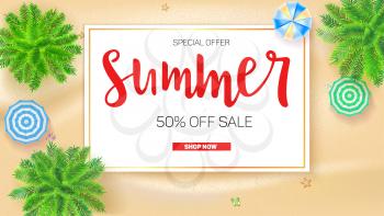 Poster of Summer sale action. Get up to fifty percent discount. Palm trees, sun umbrellas on seashore, top view. Presentation template for travel agency, 3D illustration.