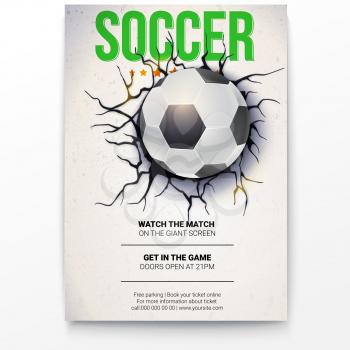 Poster with soccer ball on the background of a broken-down wall with cracked plaster. Football ball damaged the wall with texture, 3D illustration. Poster for sport events, tournament, championships