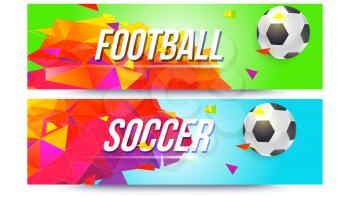 Banners for football teams, championships of soccer. Low-poly backdrop with ball and triangles for posters, covers and invitations. Graphic for football or soccer tournaments, 3D illustration.