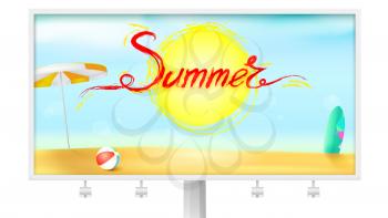 Billboard with summer background. Sun umbrella, inflatable ball and surfboard. Acrylic handwritten text summer above the symbol of sun. Sunny beach with Golden sand and blue sky