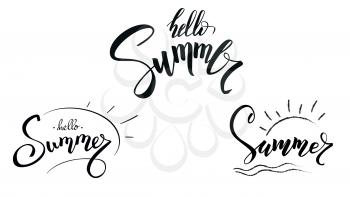 Set of design of calligraphic text Summer. Handwritten lettering hello Summer isolated on white background. Template for cover, invitation, advertisement of travel agency event.