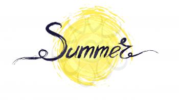 Acrylic handwritten text summer above the symbol of sun. Hand drawn calligraphy, lettering of watercolor brush pen. Template of logo, invitation of summer holidays, beach parties, travel events.