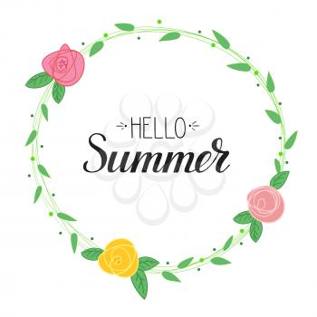 Hello Summer handwritten text and picture of flowers with foliage. Summer time logo template with calligraphic design. Summer lettering for prints, posters for Beach party, travel agency events.