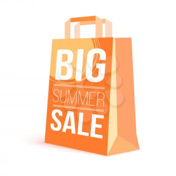 Color paper shopping bag with ad text. Big summer sale and picture sun on the bag for purchase. 3D illustration. Template for online shopping, advertising actions