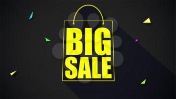 Big sale text banner on black backdrop. Ready to print and use in advertising of products. Selling ad poster for black friday action and for shops with sign of shopping bag. 3D illustration.