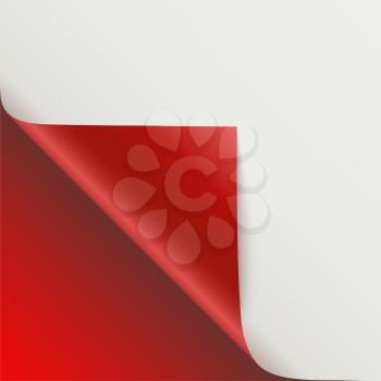 Page curl with shadow on blank sheet of paper. Vector curled corner of white paper with shadow. Close-up isolated on red background. Paper sticker, 3D illustration