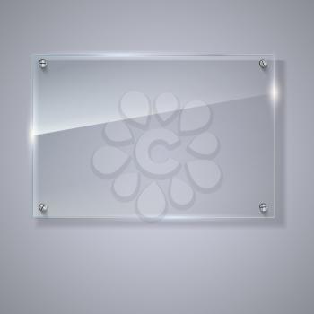 Blank, transparent vector glass plate. Vector template, horizontal banner with copy-space. Photo realistic texture with highlights and glow on the background. See through the plastic, 3D illustration.