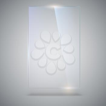 Blank, transparent vector glass plate. Vector template, vertical banner with copy-space. Photo realistic texture with highlights and glow on the background. See through the plastic, 3D illustration.