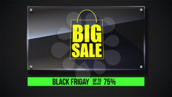 Big sale text banner on black backdrop. Ready to print and use in advertising of products. Selling ad poster for black friday action with sign of shopping bag on glass plate. 3D illustration.