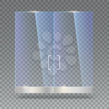 Glass door with reflection and shadows, isolated on transparent background. Vector 3D illustration. Transparent glass door, for shop, mall, transparent boutique door, office door with metal handles.