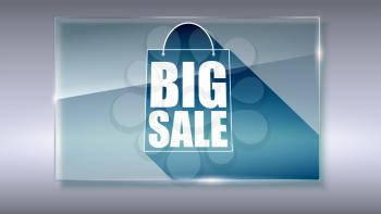 Big sale text banner on gray backdrop. Ready to print and use in advertising of products. Selling ad poster for selling action with symbol of shopping bag on glass plate. 3D illustration.