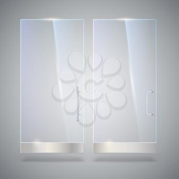 Glass door with reflection and shadows, isolated on grey background. Vector 3D illustration. Transparent glass door, for shop, mall, transparent boutique door, office glass door with metal handles.